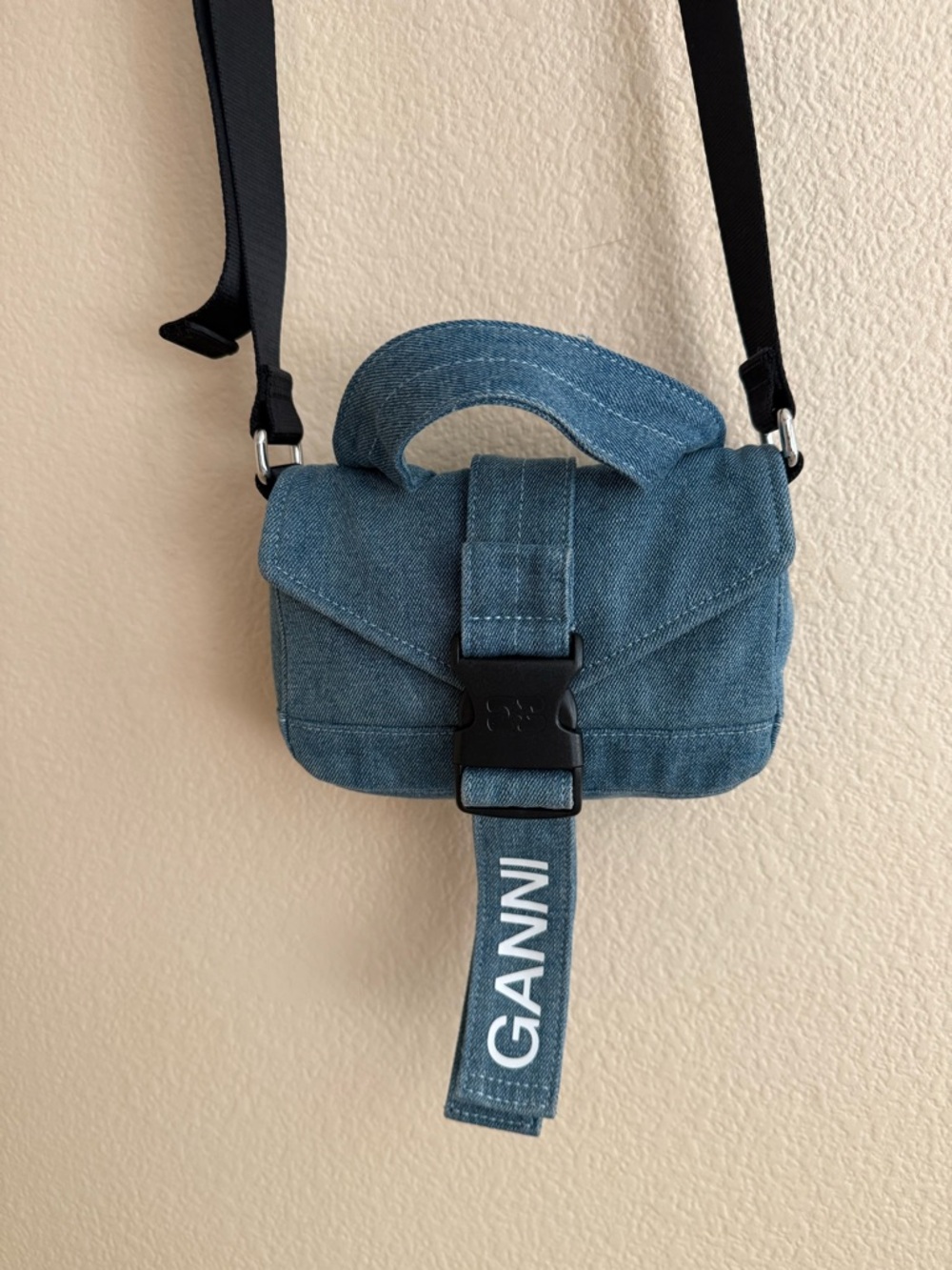 Ganni Denim Blue Messenger Crossbody with Branded Strap